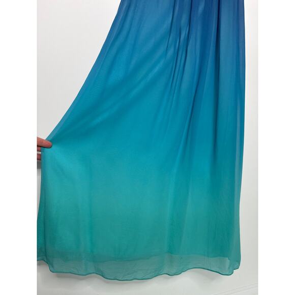 2000s BCBG Max Azria Teal Blue Ombre One-Shoulder Chiffon Evening Gown – Size 0 - Picture 6 of 12